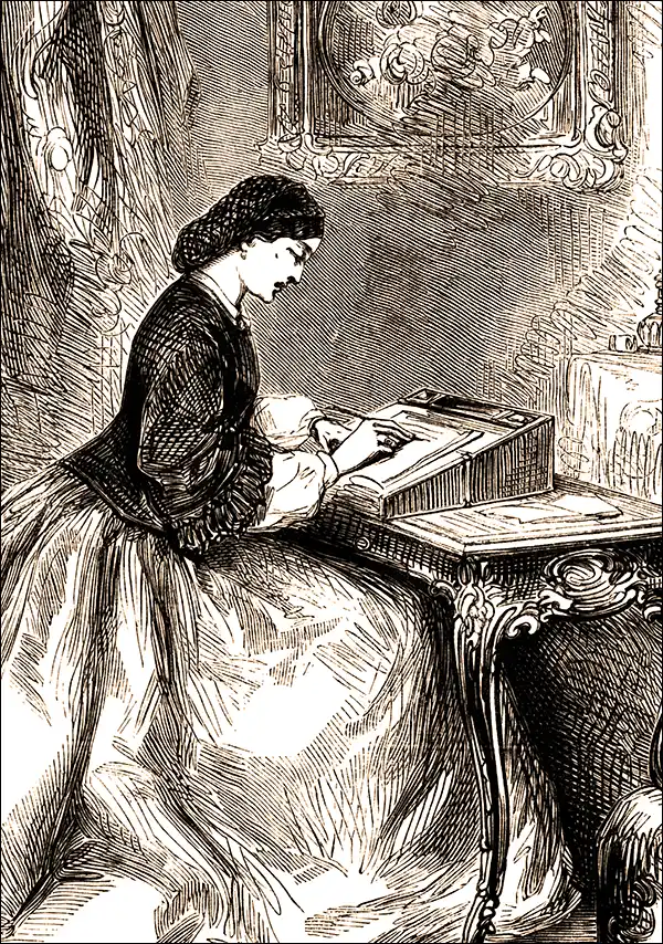An engraving of a woman at her writing desk