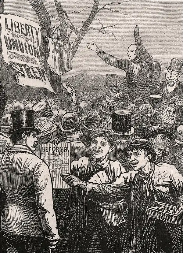 An engraving of a 19th century election rally