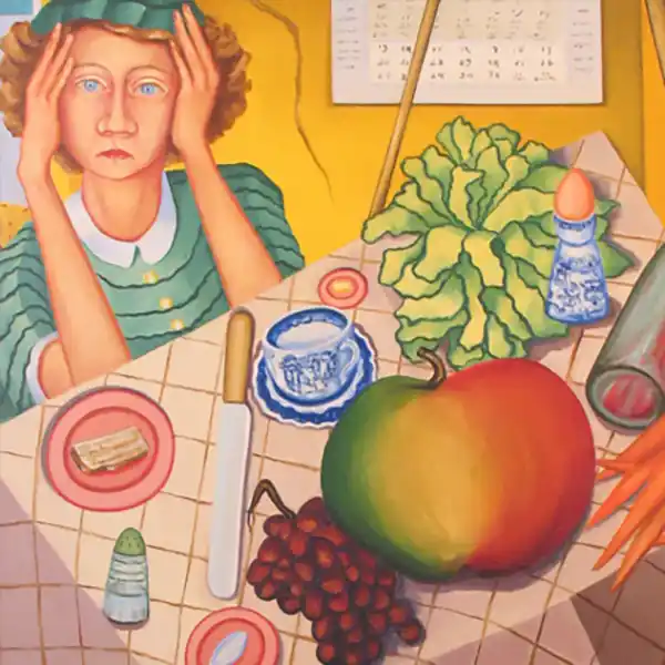 A painting of a woman at a table by Quinton Oliver Jones