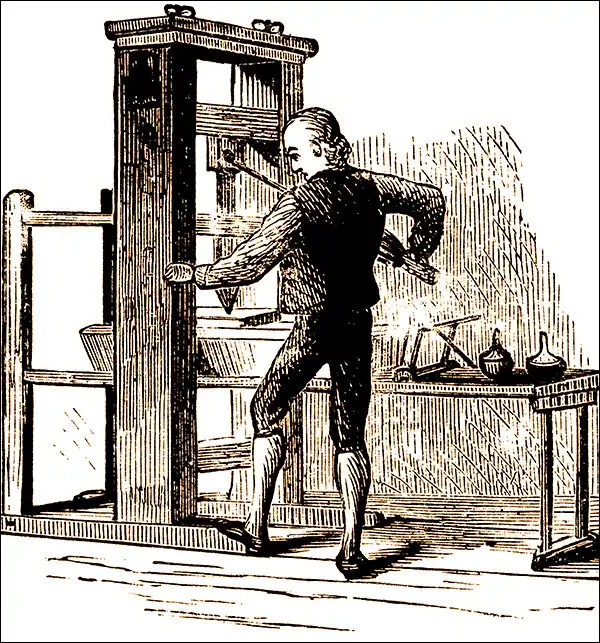 An engraving of a 19th century printer