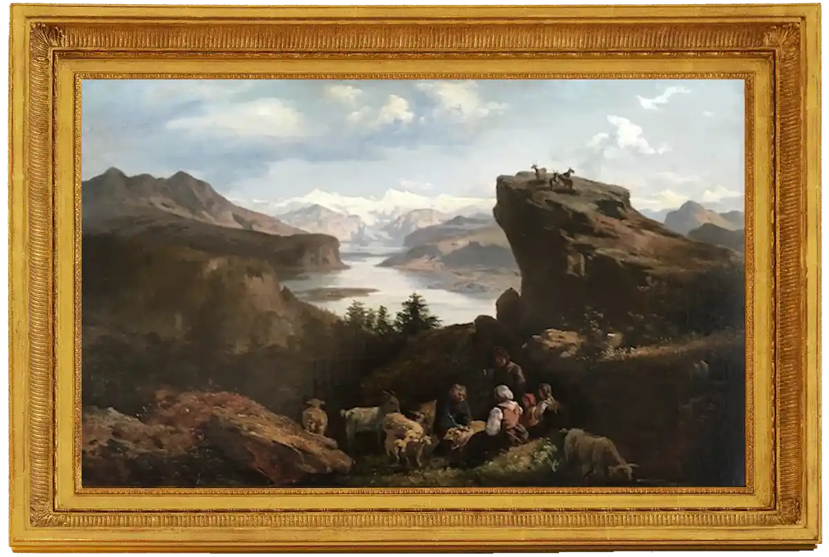 painting - landscape of shepherds overlooking a river and mountains by Hermann Ottomar Herzog