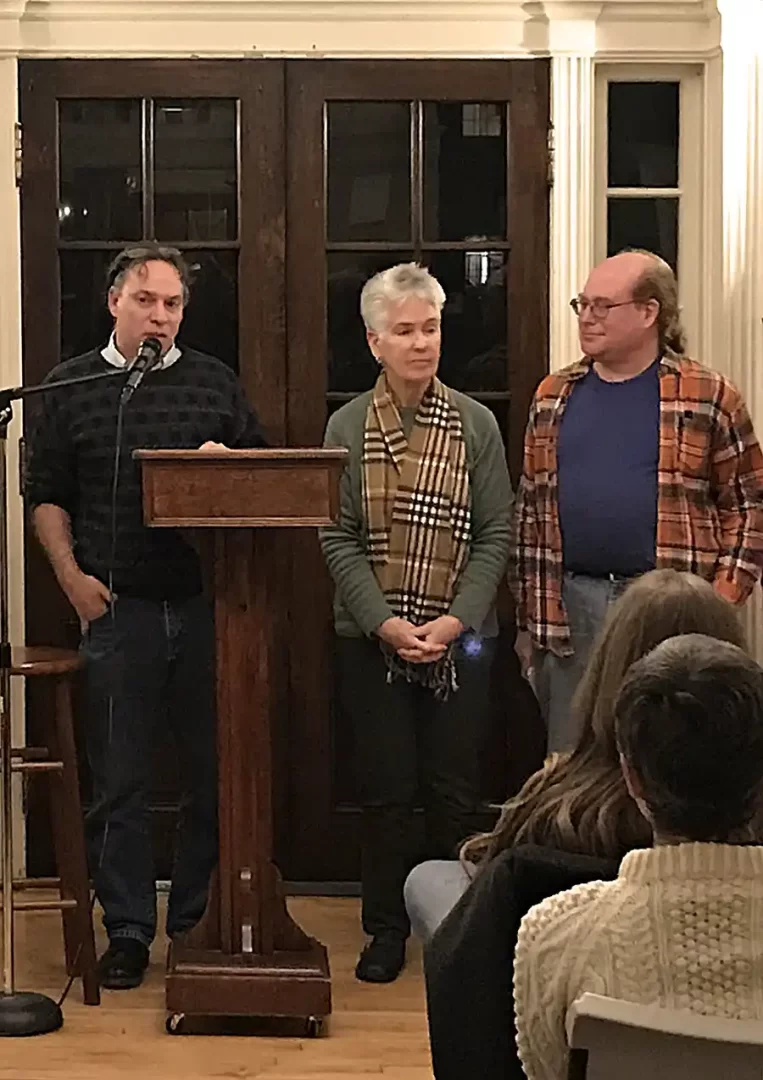 Photo of JD Scrimgeour and other speakers at a writers' event at the Athenaeum