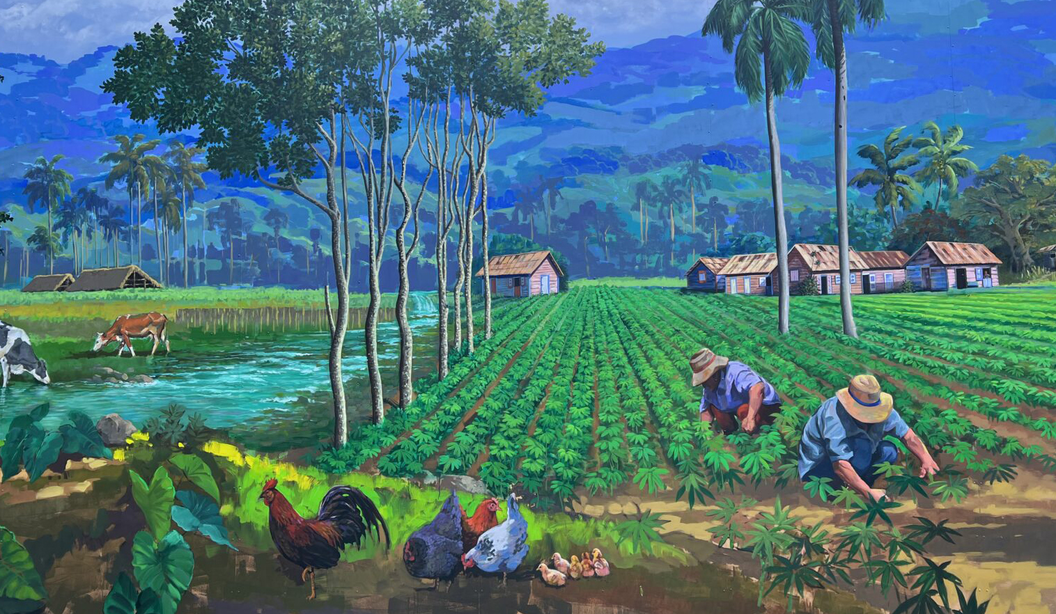 vibrant mural of farmers harvesting